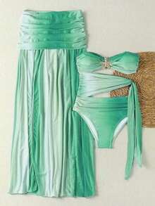 女士优雅性感休闲渐变海星装饰连体泳衣+长裙套装，沙滩度假时尚两件套，适合春季海滩浪漫约会和度假。独特设计，浪漫时尚，完美适用于游泳派对、沙滩派对、下午茶、野餐、沙滩活动、聚会和日常穿着。 - 薄荷綠 - 查看 2