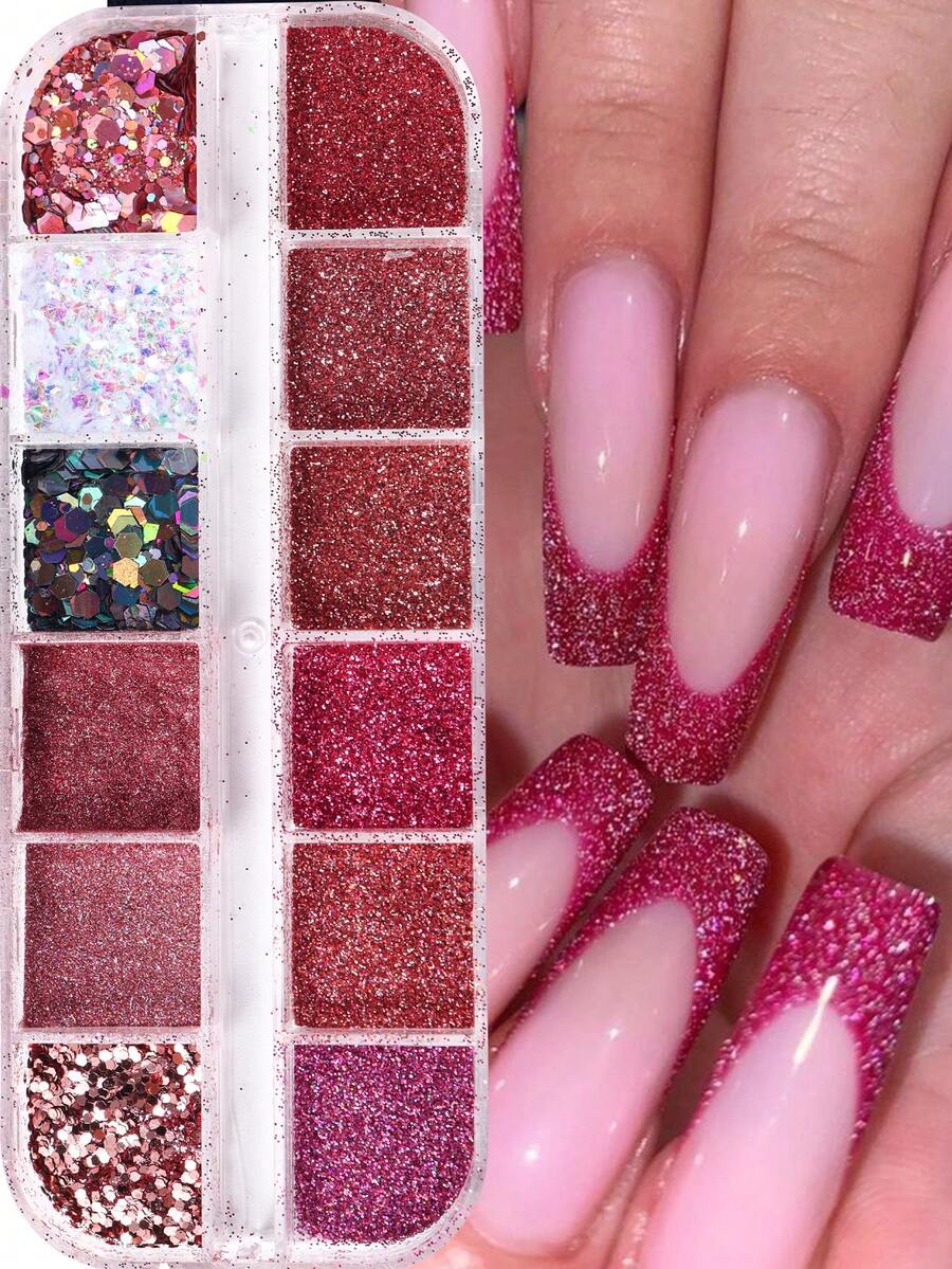 12格亮红色糖霜指甲闪粉全息幻彩薄片颜料粉优雅婚礼新年情人节凝胶指甲油美甲装饰 - 彩色 - 查看 1