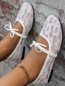 Schleife Quadratische Spitze Damen Flache Schuhe, Gestrickte Hausschuhe, Große Größen Casual Ballett Schuhe, Flache Damen Slip-On Schuhe, Bequeme vielseitige Schuhe, Boho Stil Gelb, Schwarz, Weiß, Beige, Hellblau, Leopard Muster, Frühling/Herbst Spitze Flache Schuhe, Europäisch und Amerikanisch Große Größen Sommer Outdoor Casual Laufschuhe, Schlabbrige Schuhe, Cut Out Schleife Damen Loafer, Elegante Weiße Flache Schuhe, Blumig - Weiße, vierköpfige Blüten - Übersicht 5