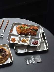 1pc Stainless Steel Creative Tray, Cake Plate, Dessert Plate, Multi-Compartment Dish, Industrial Style Tableware, Barbecue Seasoning Plate, Snack Sauce Plate - Silver - View 7