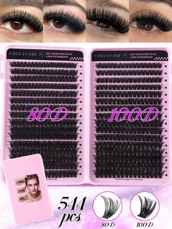 544/640-Piece D-Shaped Curled False Eyelashes, High Capacity, Suitable For Creating Thick And Fluffy, Natural Makeup Effects For Eyes, DIY At Home Beauty, Large Capacity Single-Root Eyelash Book, Suitable For Beginners, Beginners