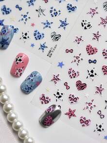 1 pieza Lindo y elegante adhesivo de arte de uñas con estampado de leopardo, esencial para técnicos de uñas, diseño 3D en relieve con estampado de leopardo rosa, azul y marrón, corazón y lazo, adhesivo de uña reutilizable para manualidades DIY, regalo para mujeres, suministros de arte de uñas, accesorio elegante - Multicolor - Ver 2
