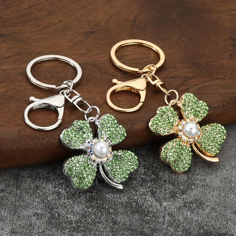 1 Lucky Clover Keychain, Creative Inlaid Crystal Green Leaf Pendant, Car Keychain, Bag Hanging Accessory - màu vàng - Xem 1