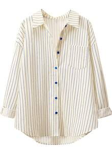 YUXIN 女士春秋季趣味卡通兔子印花蓝色条纹衬衫，宽松休闲办公百搭修身长袖上衣 - 杏色 - 查看 7