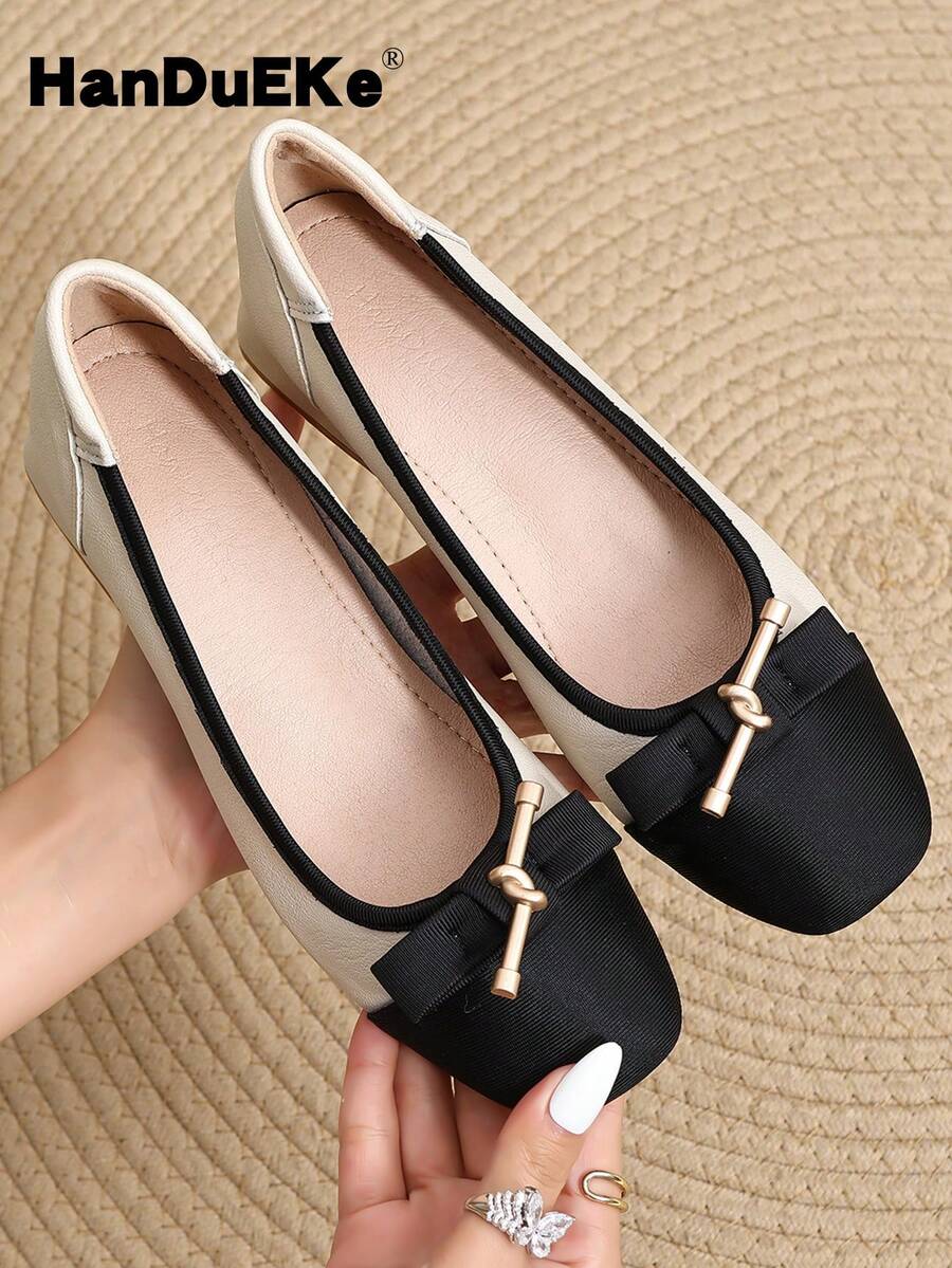 Zapatos de tacón grueso y punta cuadrada para mujer, nuevos zapatos de estilo vintage con lazo francés y color contrastante para la primavera/otoño 2025, tallas grandes del 35 al 43 - Beis - Ver 1