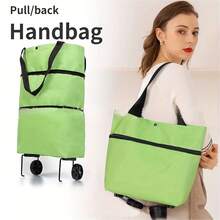 Lekki, składany, zielony wózek sklepowy z kółkami – wytrzymały poliester, ładowność 44,09 funta, zapięcie na zatrzask, poręczny, poręczny, wygodny do dostawy do domu i użytku na zewnątrz - Wielokolorowe - Zobacz 3