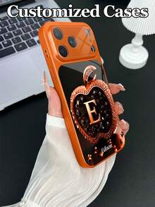 1 pieza Funda de teléfono de vidrio templado con diseño personalizable de texto y letras con patrón de manzana de rhinestone naranja, compatible con iPhone 17 ProMax/17 Air/15/16 Pro/14 Plus/13 Pro/12 Pro Max/11, protección de cámara y cubierta trasera de vidrio templado, gran ventana, mejor regalo para amigos y familiares - Naranja - Ver 5