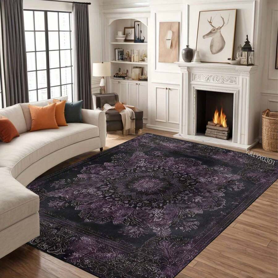 1pc Extra Large Bohemian Purple Mandala Area Rugs - Non-Slip Machine Washable Floor Rugs With Purple/Blue/Pink/Black/Teal Intricate Pattern, Durable Polyester & TPR Backing For Living Room, Bedroom, Home Decor - Style 6 - View 1