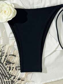 New Floral Embroidered Bikini Set, Halter Neck Sexy Beach Swimwear, 2 Pieces, Spring/Summer - Black - View 3