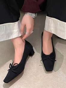 2026 Spring New Retro Square Toe High Heel Pumps Women, Black Low Vamp Ballet Bowknot Loafers, Suede Leather, Elegant Elegant Versatile Mid Heel Shoes - Black - View 3