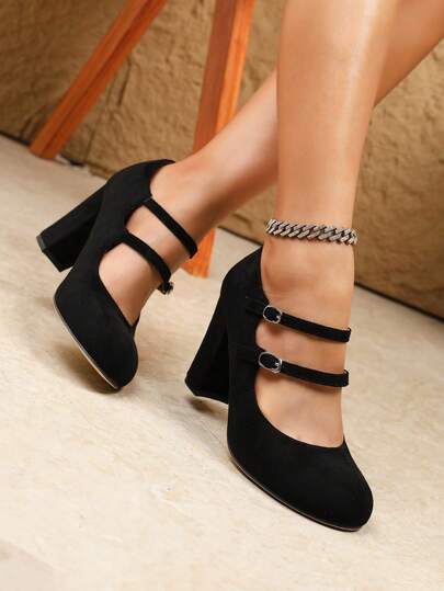 女士优雅高跟鞋，纯色优雅布艺搭扣玛丽珍鞋，适合婚礼、派对、假日、学校等各种场合，四季皆宜/黑色高跟鞋/玛丽珍鞋/芭蕾平底鞋/商务礼仪鞋