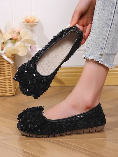 1 Pair Fashionable New Glitter Sequin Women's Shoes, Sequin Bow Decor Women's Mary Jane Shoes, Slip-On Casual Loafers, Suitable To Pair With Dresses, Jeans, Skirts