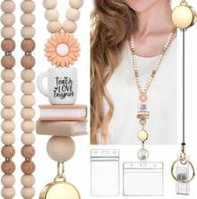 Teacher Lanyard With Id Holder, Retractable Lanyards For Id Badges Keys, Cute Natural Wooden Beaded Lanyard For Women - 多色-c - 查看 9