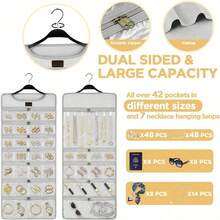 Hanging Jewelry Organizer With Dual Zippered Pockets Canvas Double Sided Rotating Hanger Necklace Hanging Wall Organizer Earring Dustproof Holder Wall Mount Accessories Display Bag(Purple)-Trugenix - 淺灰色 - 查看 5