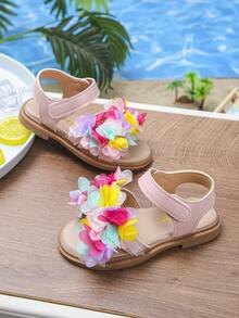 Sandali piatti con fiori in rete colorata per ragazze, scarpe estive per bambini con suola morbida, chiusura a strappo, punta aperta, traspiranti, adatte per uso quotidiano, spiaggia, feste, campus e altre occasioni - Rosa - Visualizzare 4
