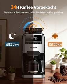 Aigostar Kaffeemaschine mit Mahlwerk 1400W filterkaffeemaschine 7 Mahlgrade 3 Brühstärken 1,5 Liter Coffee Machine 2-12 Tassen 24H Timer Warmhaltefunktion Schwarz für frischen Kaffeegenuss - EU E-Typ Stecker (220-240V) - Übersicht 6