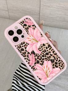 1 pieza Funda de teléfono de TPU a prueba de golpes con estampado minimalista de lirio rosa, mariposa y leopardo, compatible con Apple 17, 16, 15, 14, 13, 12, 11 Pro Max, Air y Series - Multicolor - Ver 5