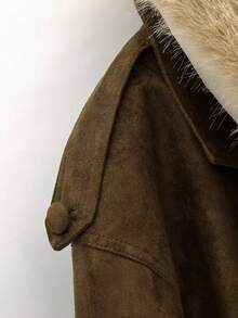 纯色仿麂皮毛领外套，秋冬季 - 軍綠色 - 查看 5