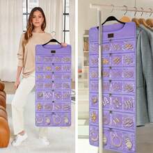 Hanging Jewelry Organizer With Dual Zippered Pockets Canvas Double Sided Rotating Hanger Necklace Hanging Wall Organizer Earring Dustproof Holder Wall Mount Accessories Display Bag(Purple)-Trugenix - 紫色 - 查看 6