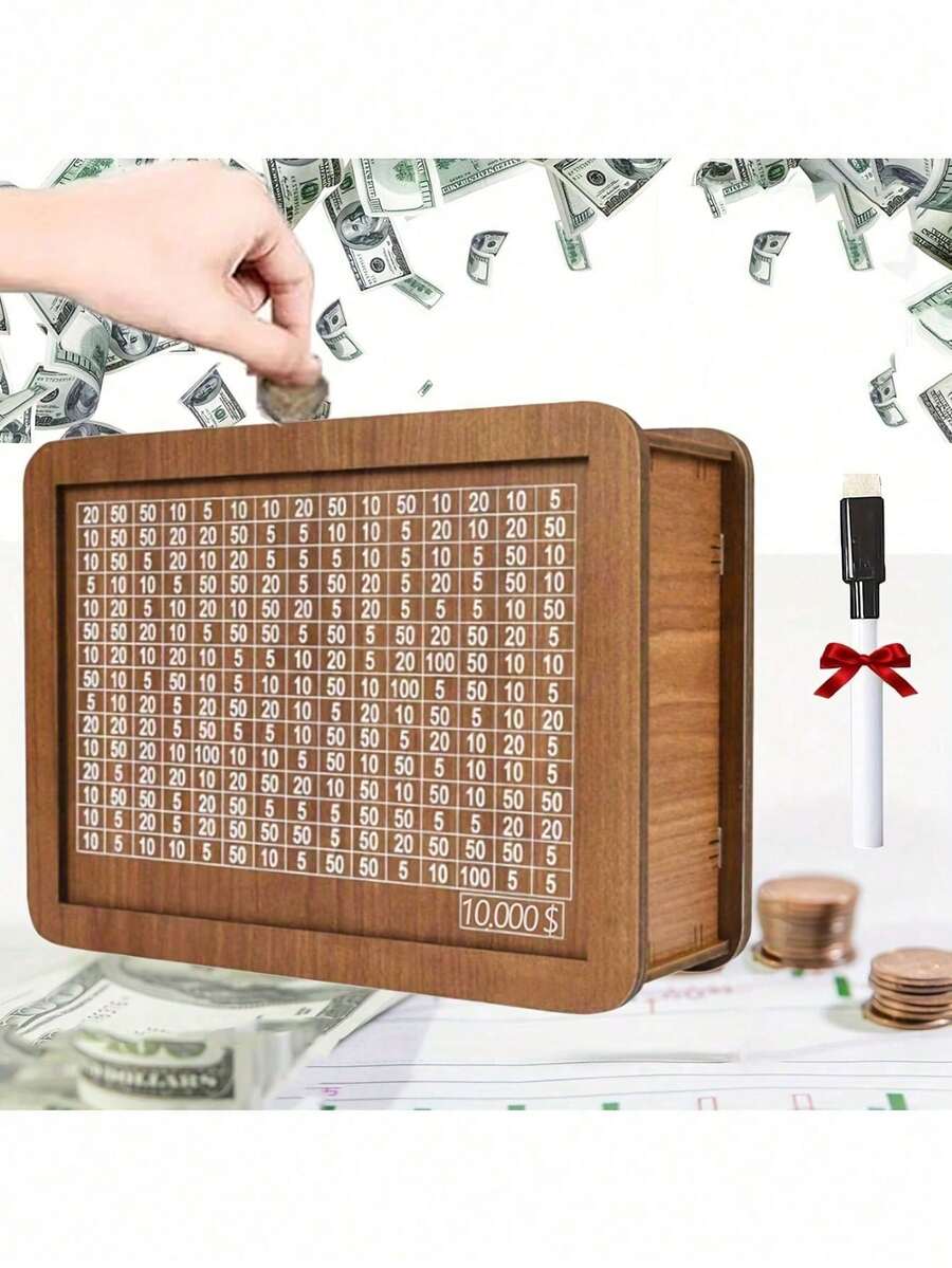 1pc Goal-Oriented Savings - Non-Waterproof Wooden Savings Bank With Goal Counter - $10,000 Cash Storage Box - Holiday Creative Gift - Brown - View 1