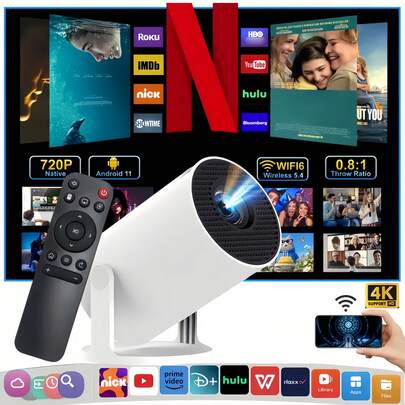 2025 4K Mini Portable Outdoor Projector - Smart Movie Projector Upgraded With Android 11.0 OS & Bluetooth 5.0, Powered By A3800 Chip For Smooth Performance. Boasts ≥200 ANSI Lumens High Brightness, Auto Keystone Correction And Manual Focus For Quick, Hassle-Free Setup-Clear Visuals Even In Semi-Bright Environments. Versatile For Dual Scenarios: Home Movie Nights, Binge-Watching, And Outdoor Use (Beach Trips, Park Gatherings, Backyard Parties, Mall Displays). Supports Seamless Wireless Phone Connection (WiFi/AirPlay) Plus Multi-Device Compatibility Via USB Ports-Works With Laptops, Game Consoles, USB Drives. Perfect For Halloween/Christmas Decor And Gifting. Remote Control Included As A Free Gift.