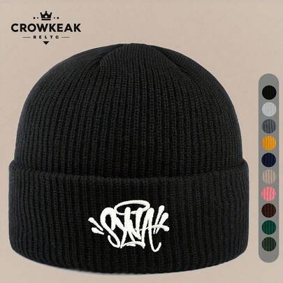 1pc "SYNA WORLD" Fashionable Embroidered Beanie, Outdoor Casual Knit Cap, Loose & Comfortable, Warm For Autumn/Winter Outdoor , Lightweight & Portable, Suitable For Young Couples, Outdoor Sports, Skiing, Christmas & Back To School Gifts