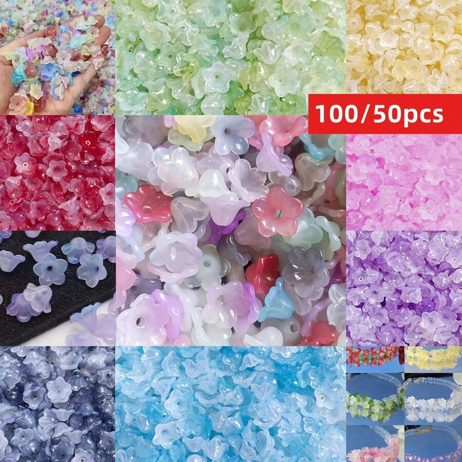 Yiwu Qiyou Accessories Co., LTD 100/50颗 11毫米蓝色铃铛花亚克力珠,混色,DIY首饰装饰,手工制作材料 - 雙色喇叭花 - 查看 1