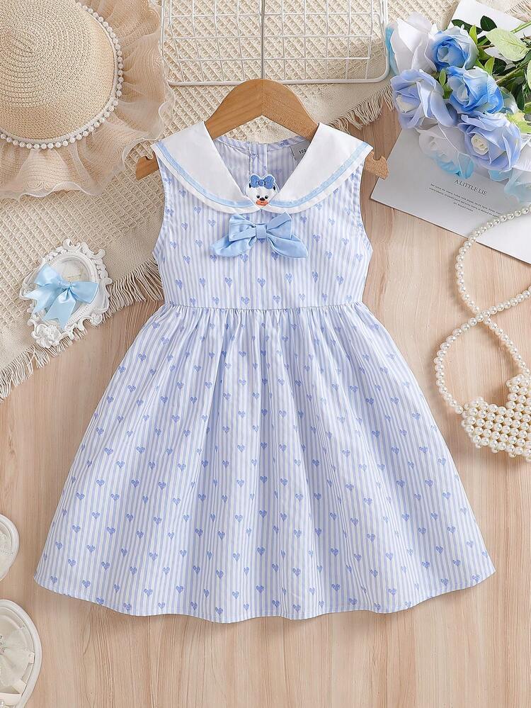 فستان كاجوال يومي للفتاة الصغيرة مزين بياقة بيتر بان مخططة وفيونكة وطباعة قلب - أبيض - مشاهدة 1