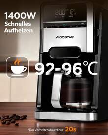 Aigostar Kaffeemaschine mit Mahlwerk 1400W filterkaffeemaschine 7 Mahlgrade 3 Brühstärken 1,5 Liter Coffee Machine 2-12 Tassen 24H Timer Warmhaltefunktion Schwarz für frischen Kaffeegenuss - EU E-Typ Stecker (220-240V) - Übersicht 9