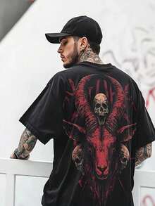 Camiseta Streetwear Oversize Masculina, Camiseta Gráfica de Terror Gótico Punk em Poliéster Leve, Top Urbano Moderno de Manga Curta - Preto - Visão 2