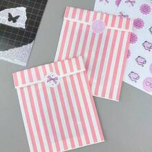 10PCS/20PCS/50PCS Pink And White Striped Gift Wrapping Paper Bags, Thickened Gift Packaging Bags, DIY Decorative Gift Paper Bags, No Stickers - Multicolor - View 7