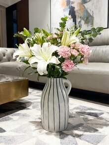 1pc Hand-Painted Striped Ceramic Vase - Farmhouse Style Tabletop Decor, Suitable For Home, Events, Weddings, Kitchens, Offices, Gardens, Birthdays, Anniversaries, Back To School Room Decor, Stationery, Vase, Ceramic Vase - Multicolor - View 8