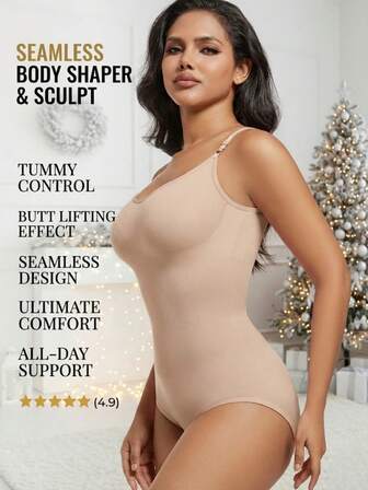 1PC Women' Seamless Sleeveless V-Neck Bodysuit Shapewear Tummy Control Push Up High Stretch