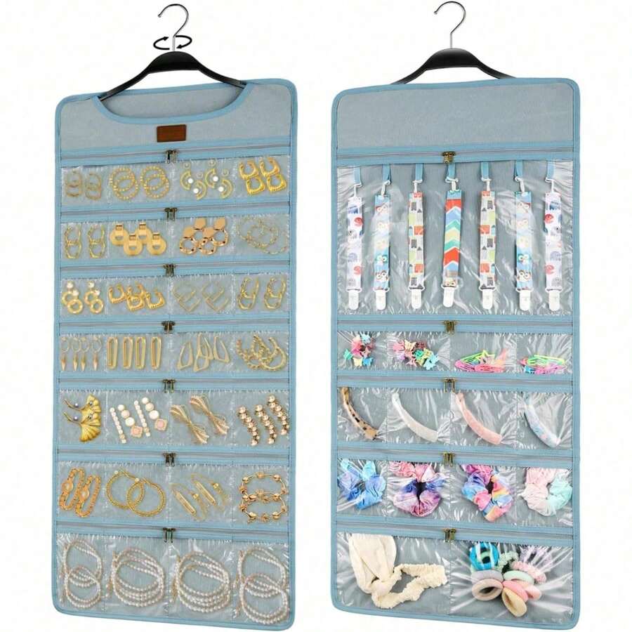 Hanging Jewelry Organizer With Dual Zippered Pockets Canvas Double Sided Rotating Hanger Necklace Hanging Wall Organizer Earring Dustproof Holder Wall Mount Accessories Display Bag(Purple)-Trugenix - 藍色 - 查看 1