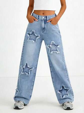青少年女孩宽松星星刺绣阔腿牛仔裤，百搭