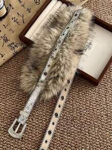 1 chiếc thắt lưng nữ đính đá và lông giả, thắt lưng lông bóng, thắt lưng gợi cảm kiểu Y2K đa năng với khóa ghim và khoen kim loại. - Màu Đen Súng - Xem 6