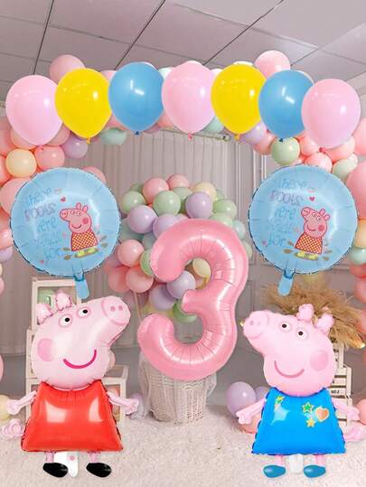 Peppa Pig Pink Little Pig Aluminum Film Balloon - Colorful Latex Balloon Decoration - Pink Little Pig And Blue Little Pig + Pink Digital Birthday First Birthday Party Decoration Project Set
