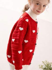 Girls' Heart Pattern Button Front Cardigan - Red - View 9