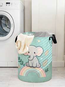 1 pezzo Cesto di stoccaggio pieghevole e rotondo con stampa di animali dei cartoni animati e manico, contenitore di stoccaggio multifunzionale per bagno, camera da letto, lavanderia, giocattoli, articoli per la casa, cesto per biancheria sporca pieghevole