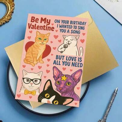 1pc "היה שלי ולנטיין יום הולדת" כרטיס ברכה עם עיצוב אהבה וחתולים שרים, מעטפה, אמנות חתולית מקסימה ומוטיב לב, לאירועים רומנטיים, מושלם לחברים, עמיתים, בני זוג ביום האהבה, לשיתוף ברכות חמות וחיבה.