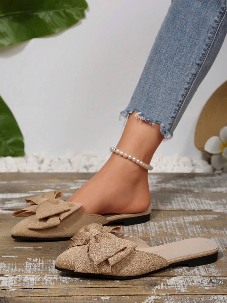 Giày lười mũi nhọn màu kaki có nơ, kiểu dáng thời trang dành cho nữ, giày lười thoải mái và thanh lịch cho mùa xuân/thu, phù hợp cho đi làm và công sở.