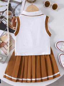 Tween Girl Letter Print Polo Collar Tank Top And Pleated Mini Skirt Set - White - View 2