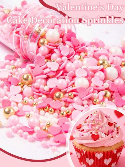 Edible Sprinkles For Valentine's Day And Wedding Cake Decoration, Pink Heart-Shaped Candy Pearls, Perfect For Valentine's Day Cakes And Wedding Party Cakes; Ideal Toppings For Cakes, Cupcakes, Cookies And Ice Cream, Suitable Supplies For Valentine's Day, Mother's Day, Birthdays And Wedding Parties