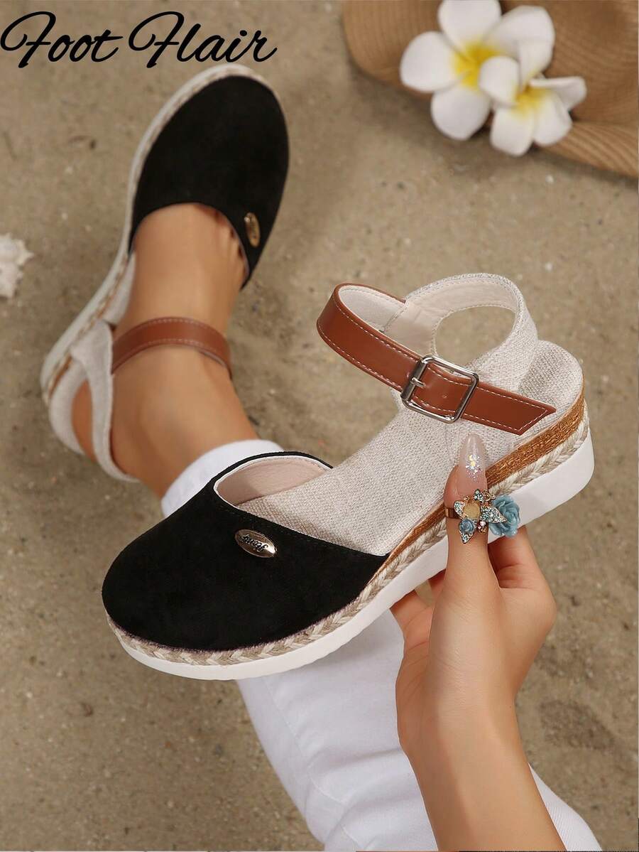 Foot Flair 女士加大码撞色绑带露跟坡跟凉鞋，夏季海滩度假风，轻便厚底罗马凉鞋