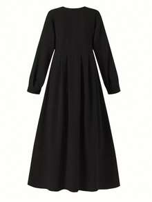 Fashionable Women's Muslim Single-Breasted Traditional Elegant Pleated Arabian Dress Vacation Black - Black - View 3