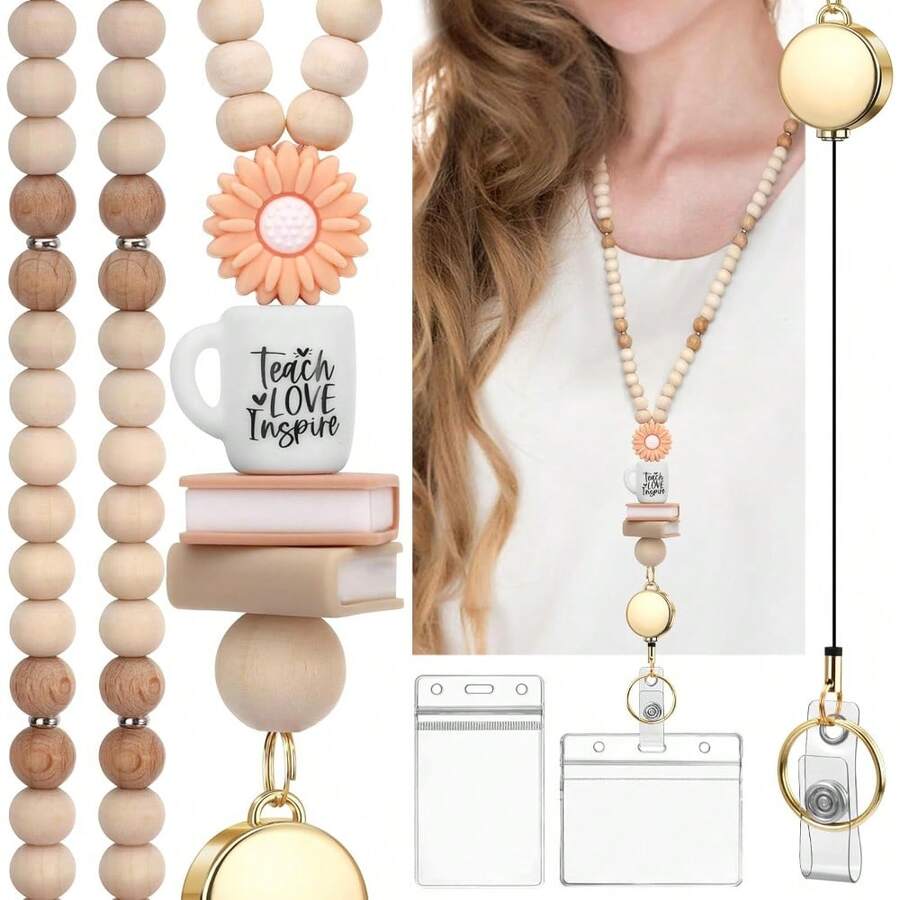 Teacher Lanyard With Id Holder, Retractable Lanyards For Id Badges Keys, Cute Natural Wooden Beaded Lanyard For Women - 多色-c - 查看 1