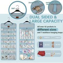 Hanging Jewelry Organizer With Dual Zippered Pockets Canvas Double Sided Rotating Hanger Necklace Hanging Wall Organizer Earring Dustproof Holder Wall Mount Accessories Display Bag(Purple)-Trugenix - 藍色 - 查看 2