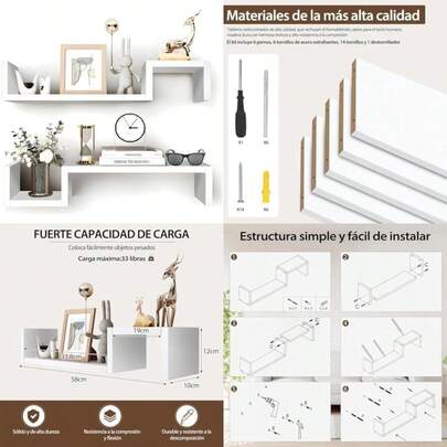 2 Piezas Repisas Flotantes,Estantes Flotantes de Pared, Que Se Pueden Ensamblar Libremente,Repisas Flotantes de Pared,Adecuado para Dormitorio, Sala de Estar, Estudio, Cocina, baño, etc.(‎Blanco)