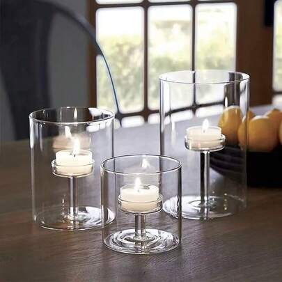 3pcs Transparent Cylindrical Candle Holders, Glass Hurricane Candle Holders, Open Glass Candle Holders Base For Wedding Center Table, Party, Events, Halloween, Christmas Decor