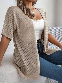 Plus Size Hollow Out Knit Short Sleeve Cardigan, Suitable For Casual Spring/Summer Style - Khaki - View 5